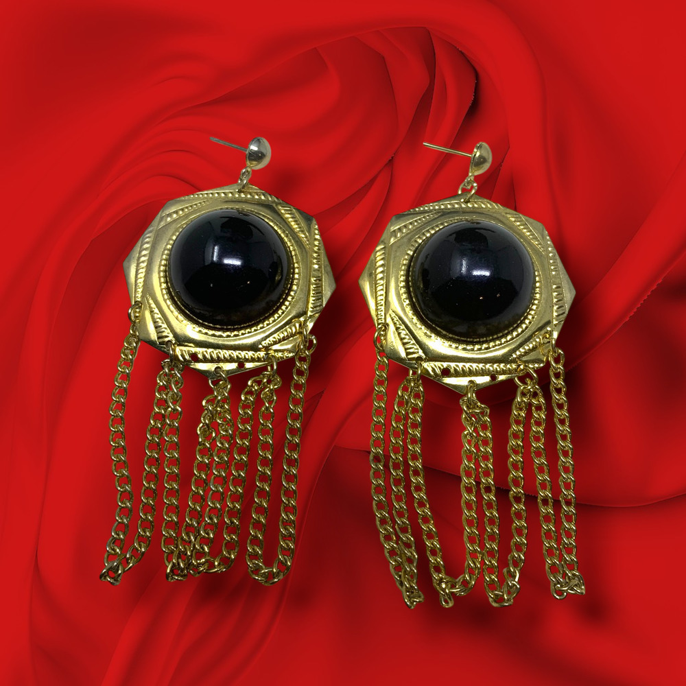 Vintage 1980's Black Cabochon Gold Tone Chains Pierced Dangle Earrings Mogul